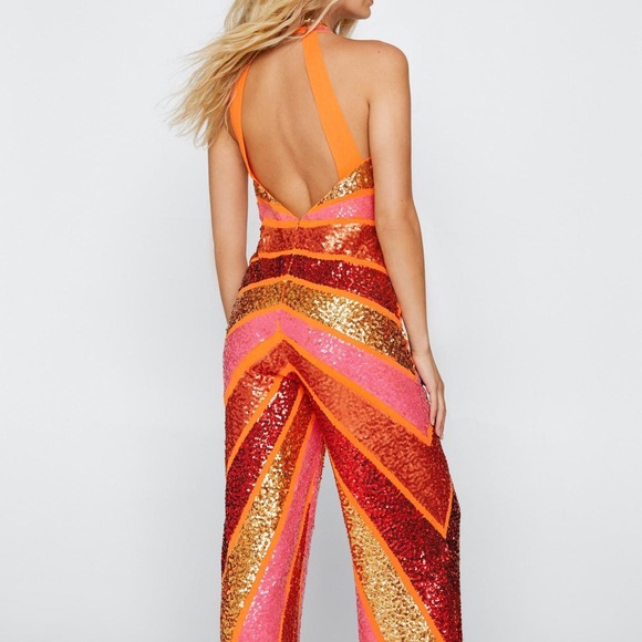 Nasty Gal Disco Sequin Colorblock Plunge Wide Leg Jumpsuit - Picture 3 of 5
